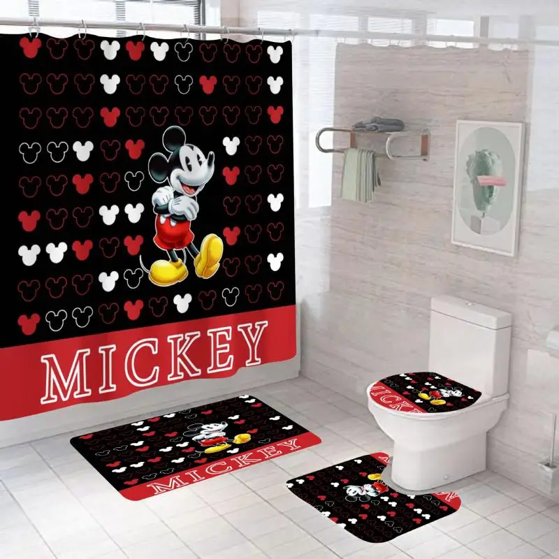 MINISO Mickey Minnie Shower Curtain Three Piece Set Disney Bathroom Printing Water Proof Shower Curtain Carpet U-Shaped Pad