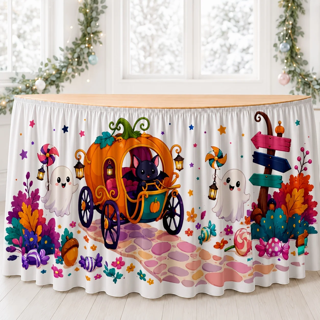 Table skirt / tableskirt Halloween theme cartoon pumpkin carriage ghost candies festive party