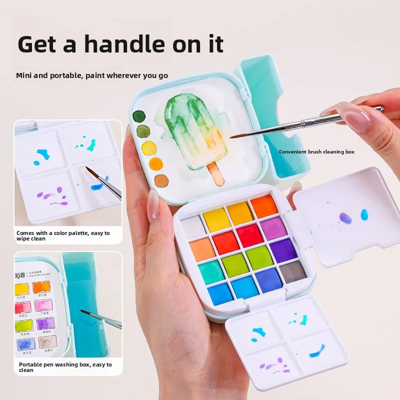Kit de peinture et de croquis de voyage, pigments d'aquarelle, fournitures artistiques, 16 couleurs, mini ensemble de peinture à l'aquarelle solide portable avec pinceau