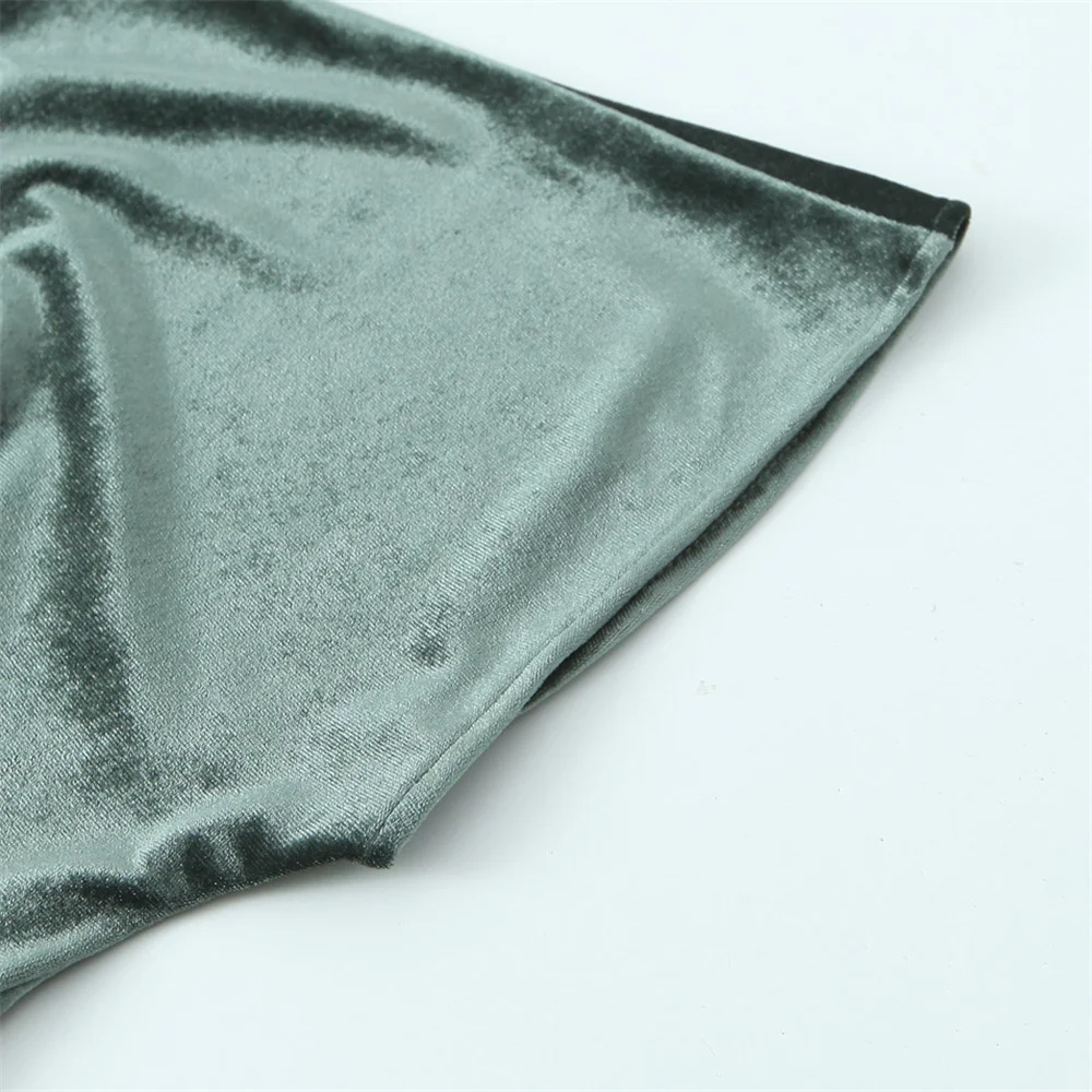 الحد الأدنى الخامس الرقبة مطوي تصميم المخملية قصيرة الأكمام تنورة طويلة الناي جديد بلون فستان سليم صالح