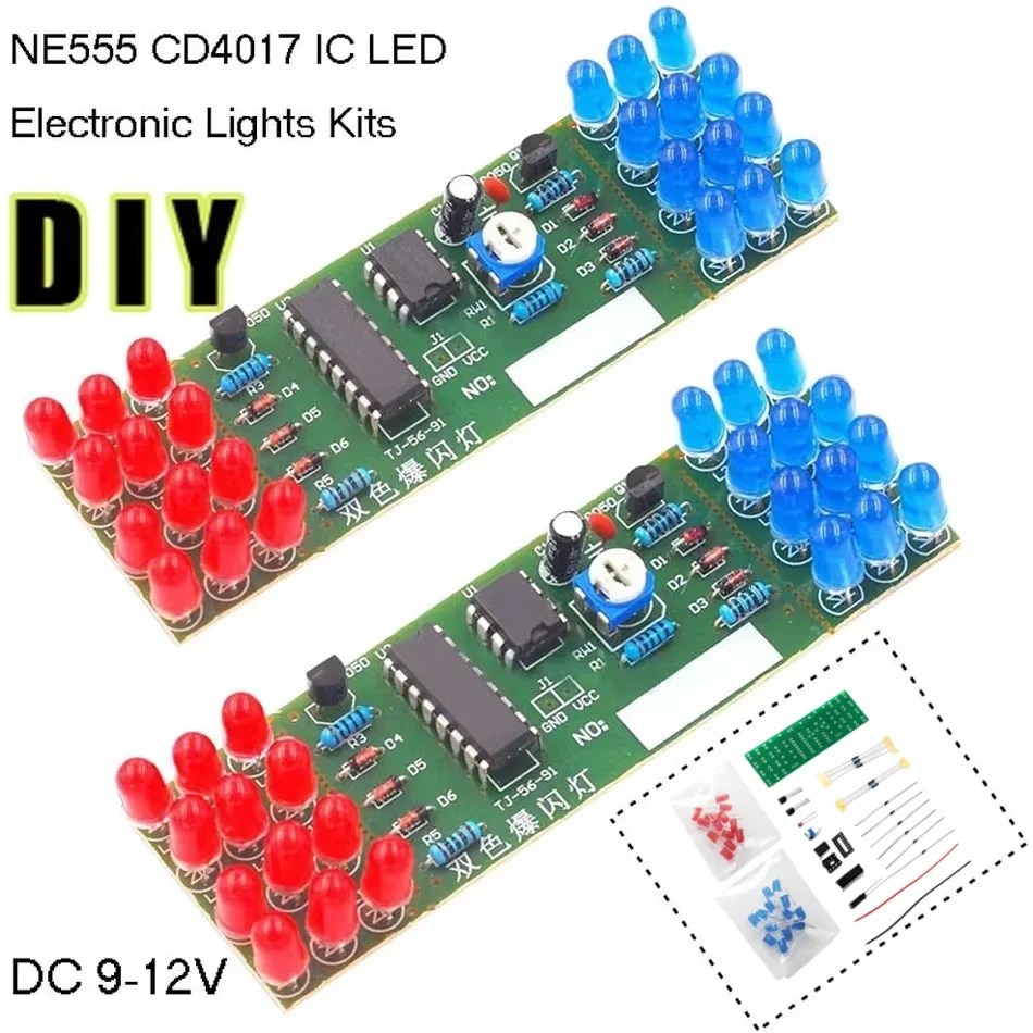 NE555 CD4017 IC LED DIY Kit de luces electrónicas rojo azul de doble Color DIY Kit estroboscópico traje electrónico componentes de luces intermitentes
