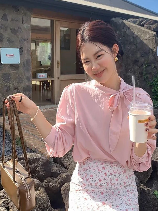 

Pink Knot Long Sve irt Spring Autumn Faion New Sle French Sle Loose Fit Polyester Viscose Blend Women's ...