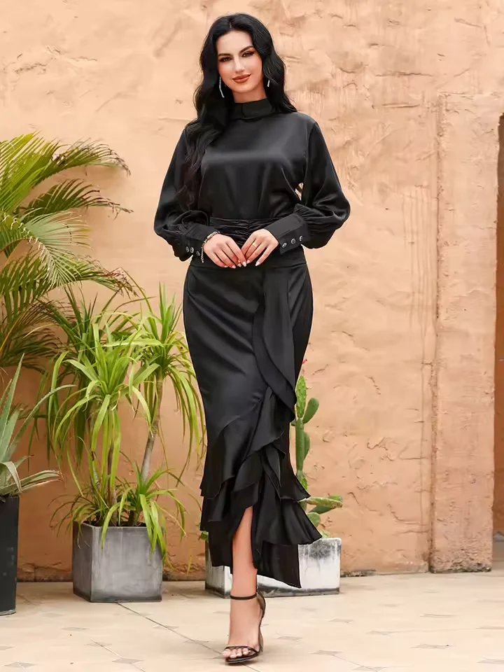 

Luxury Satin Muslim Evening Party Suits Women Matching Sets Turkey Dubai Kaftan Tops Skirts Ruffle Pleated Abaya Islam Clothing
