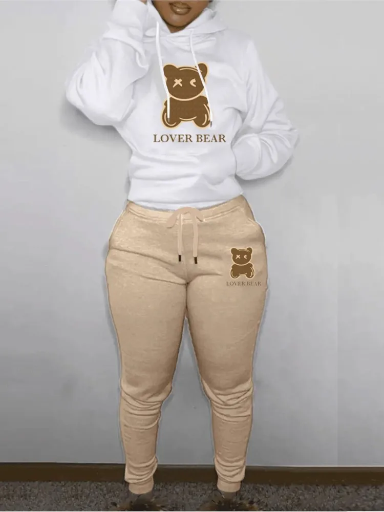 

2024Women's Letter Print 2 Piece Outfits Lovely Bear Letter Print Kangaroo Pocket Tracksuit Set Long Sleeve Sweatshirt and Pants