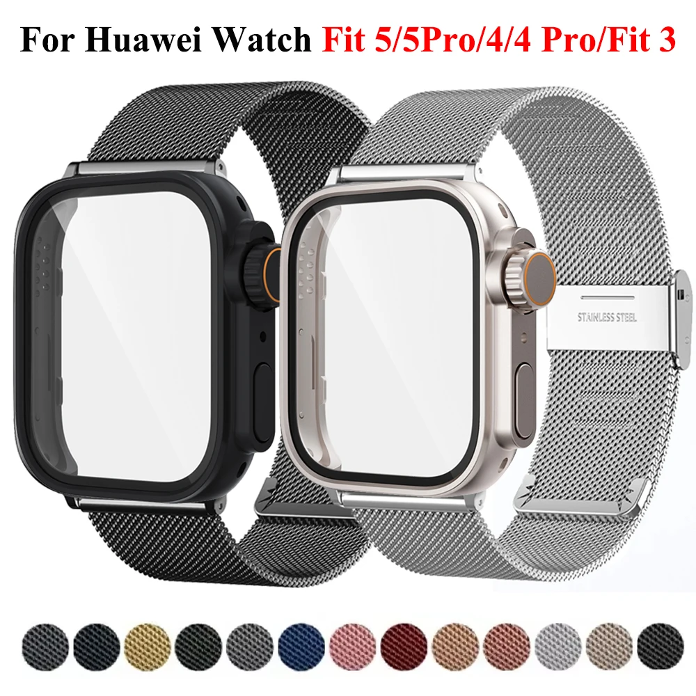 2-in-1-Armband + PC-Hülle für Huawei Watch Fit 5 5Pro Armband für Huawei Fit 3/4/4Pro Metall-Milanese-Magnetverschluss-Uhrenarmband