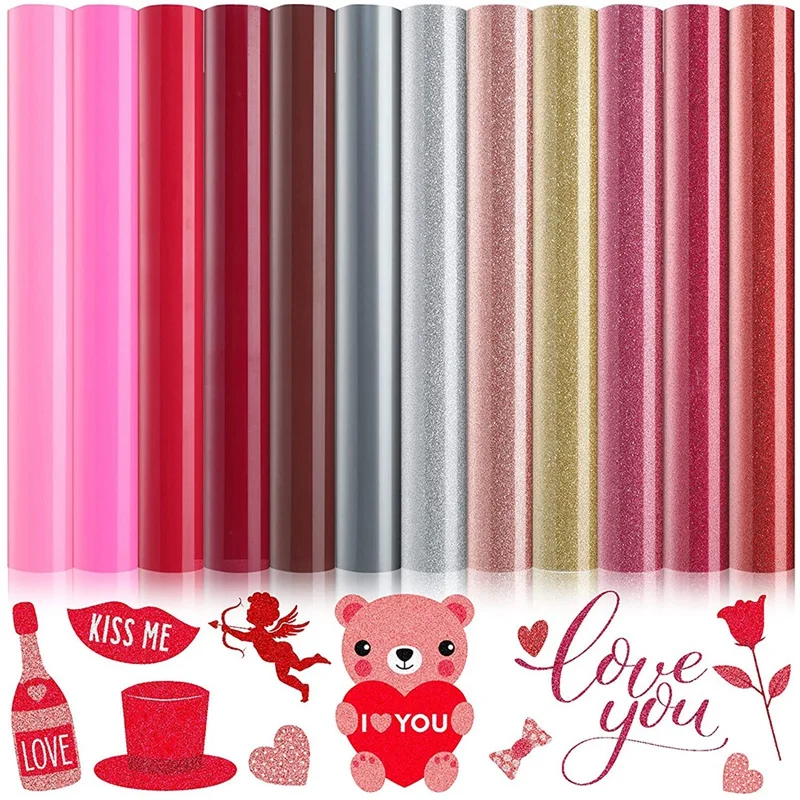 

12Pcs Valentine's Day HTV Heat Transfer Vinyl Bundle Glitter Iron For T Shirts Clothes Hat Fabric Supplies,12X10 Inches