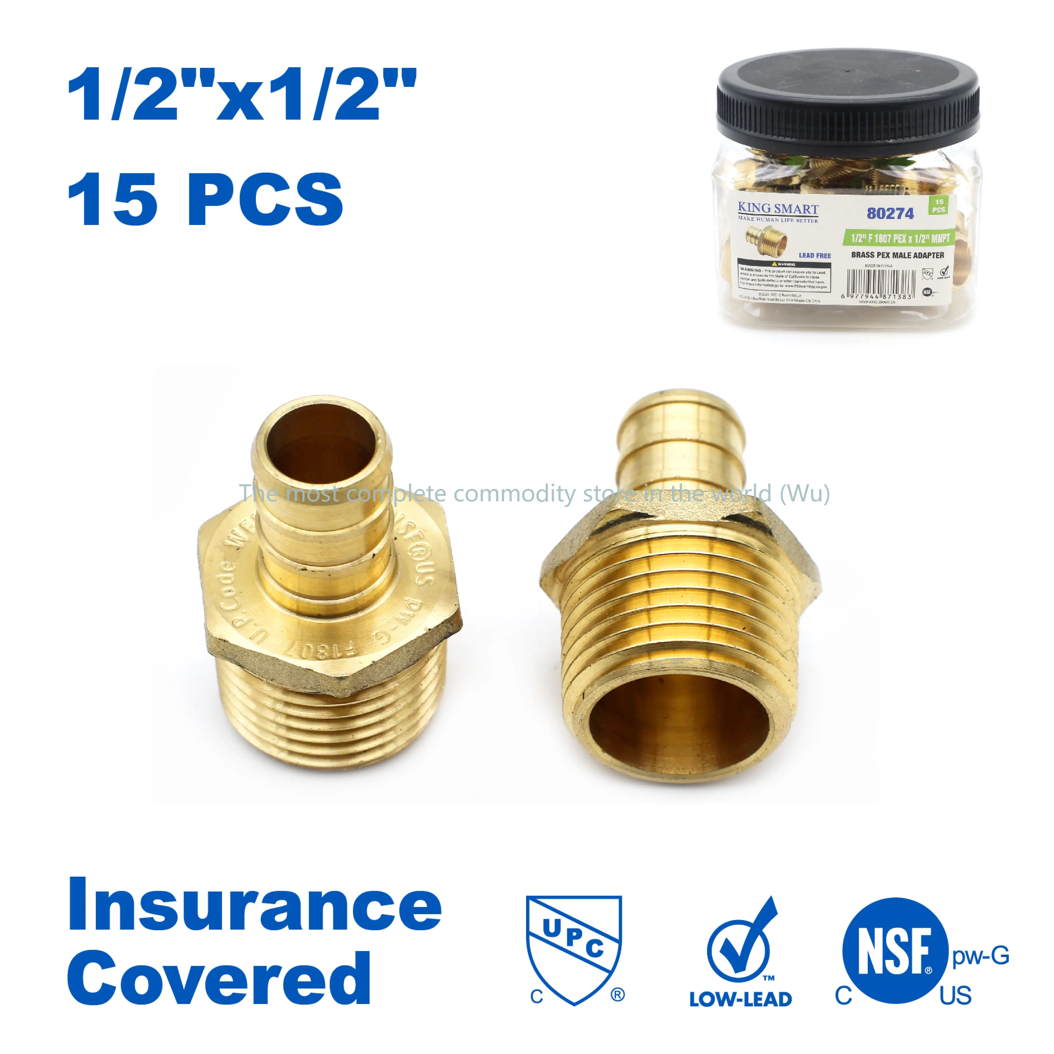 

KING SMART 1/2" F1807 PEX * 1/2" Male NPT Straight Male Adapter; Lead Free Brass; 15 Pcs/Case; 80274
