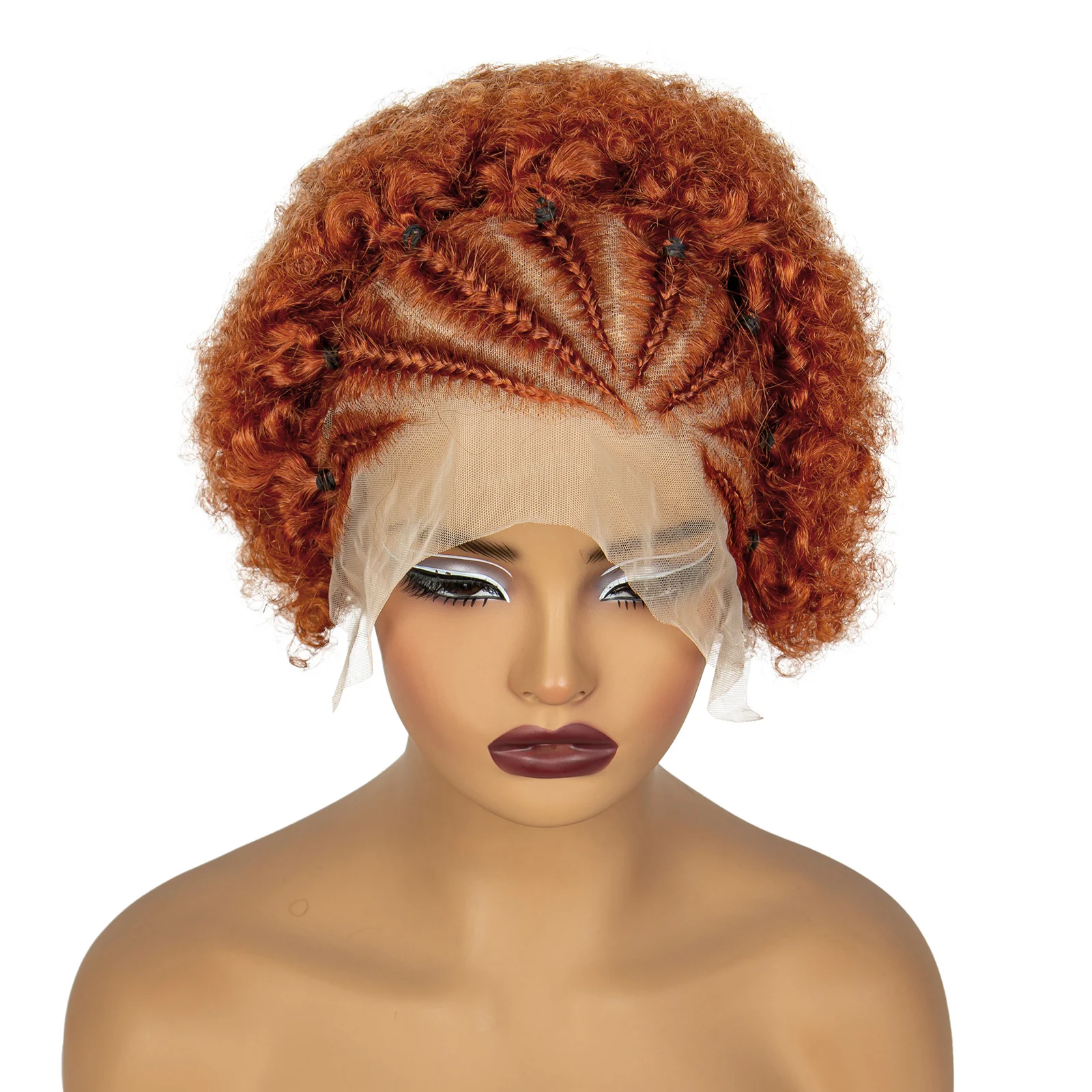 350# Ginger Orange Afro Kinky Curly Human Hair Wig with Cornrow Braids 13x4 Transparent Lace Front Short Curly Bob Wig for Women