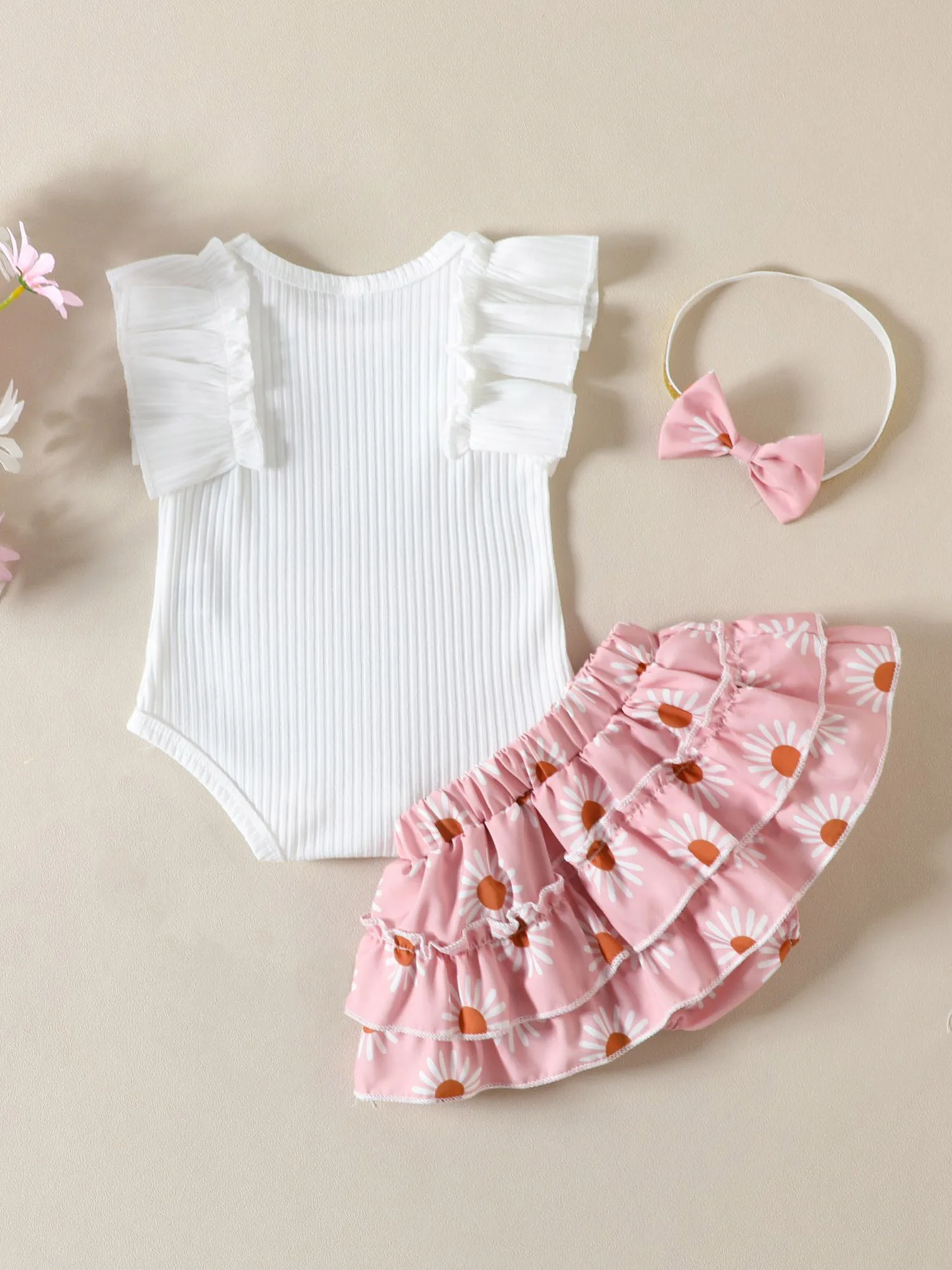 Baby Girls Floral Print Romper with Ruffle Sleeves and Matching Headband Adorable Summer Outfit Set with Culottes