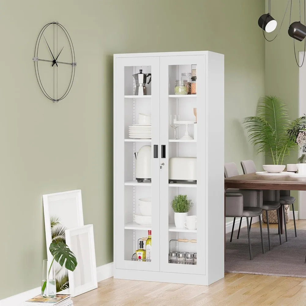 MIIIKO Glass-Door Display Cabinet, 71 Tall Metal Storage Cabinet for Home Office and Collectibles, with Adjustable Shelves