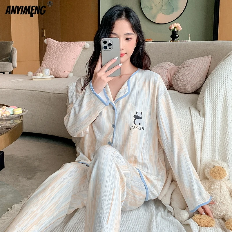 M-5XL Autumn Winter Woman Pajamas Set Chic Lapel Collar Sleepwear Lady Home Clothes Soft Faux Cotton Nightwear Casual Pijamas