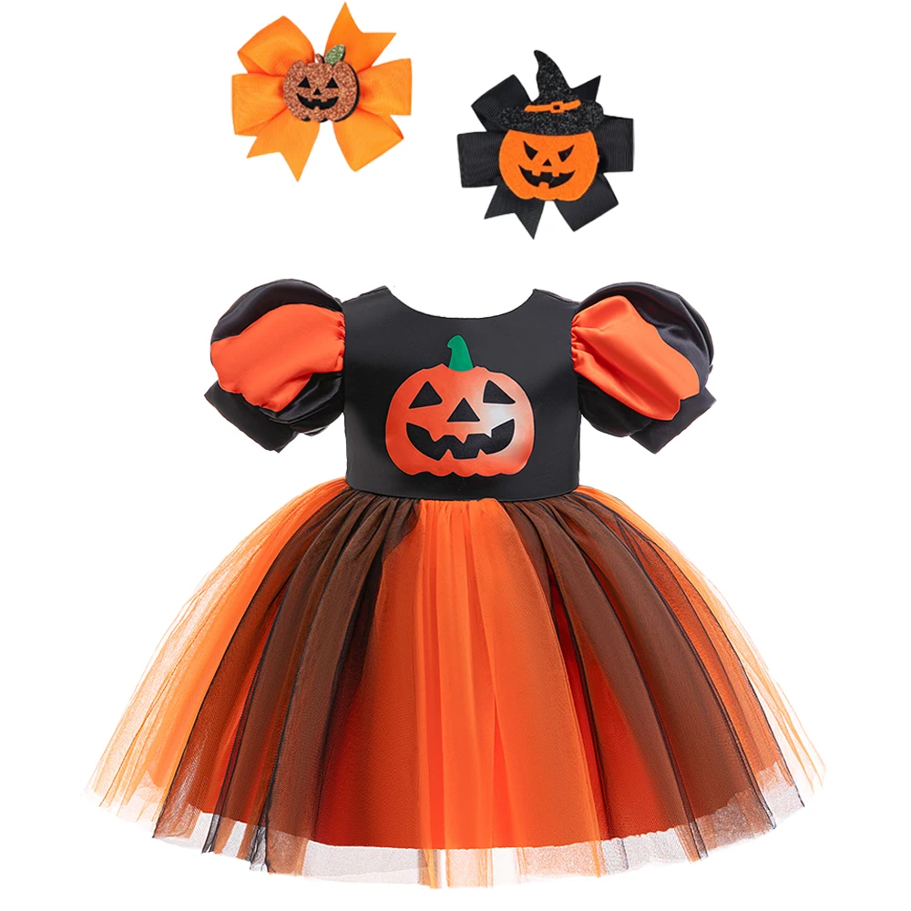 

(Dress + All Accessories) Children's Halloween Costume Girls Pumpkin Smiley Dress Holiday Role Play Stage Dress