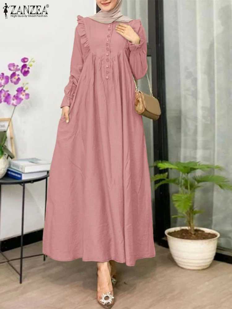 Eid Mubarek bata moda vestidos musulmanes Abaya 2025 ZANZEA mujeres elegante manga larga sólido volantes Vestido de verano IsIamic Hijab Vestido