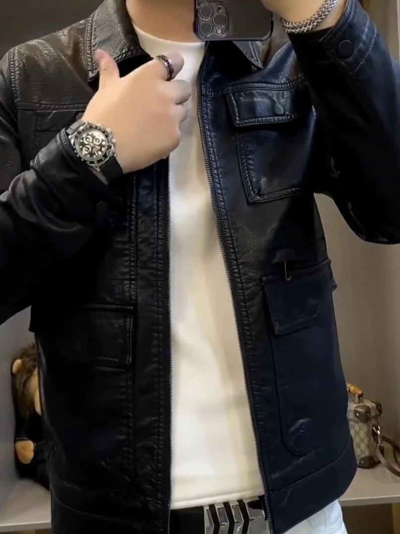 

Sli R29 Men's Leather Jaet Casual Biker Faion Trendy Long Sve Zipper Closure Pure Color PU Material Resistant to D...