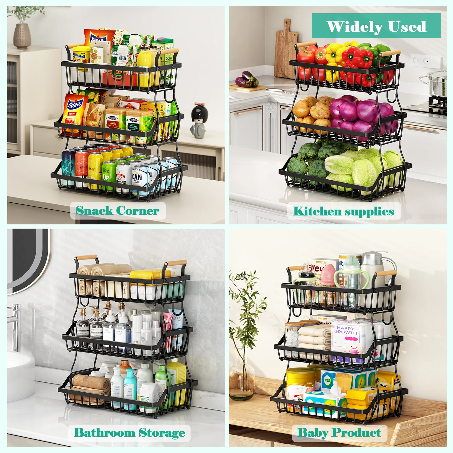 سلة فواكه كونترتوب من 3 طبقات مع خطافين موز، جهاز معدني قابل للإزالة، مقبض خشبي، يمكن أن يحمل الخضار والفواكه، أسود #6