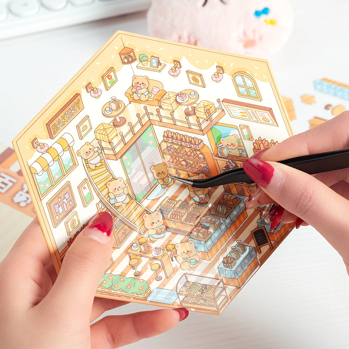 3 pcs/bag creative 3D scene sticker set, animal combination life scene pattern DIY design hexagonal scene sticker