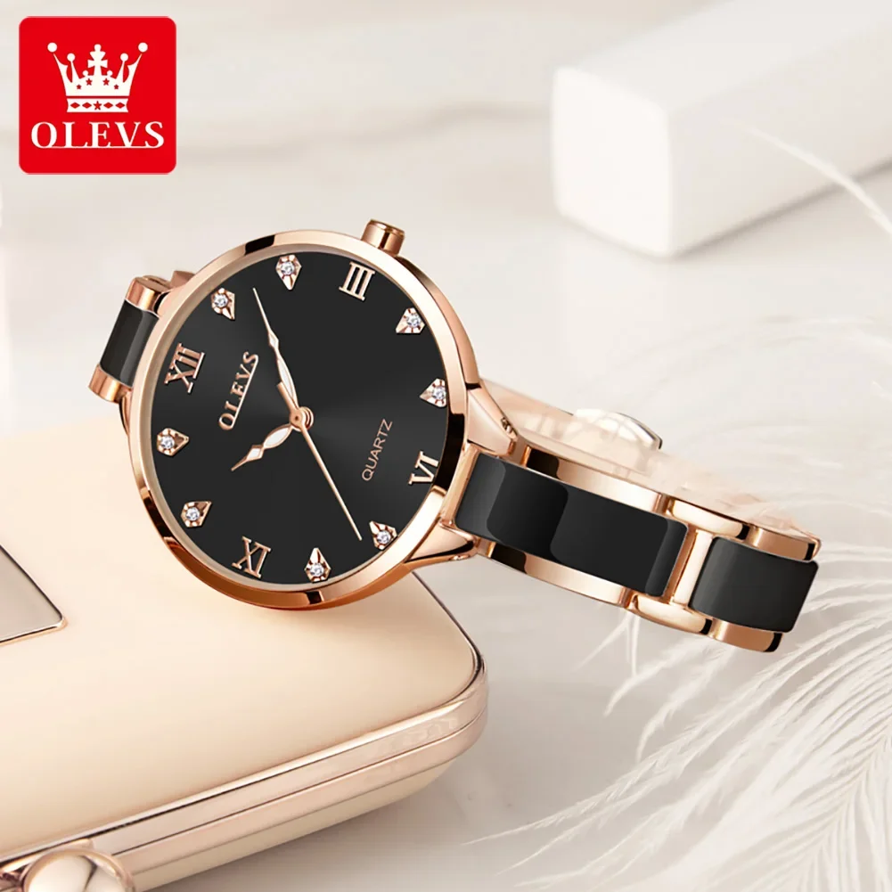 OLEVS Ceramics High Quality Quartz Watches for Women Stainless Steel Strap Fashion Waterproof Women Wristwatches