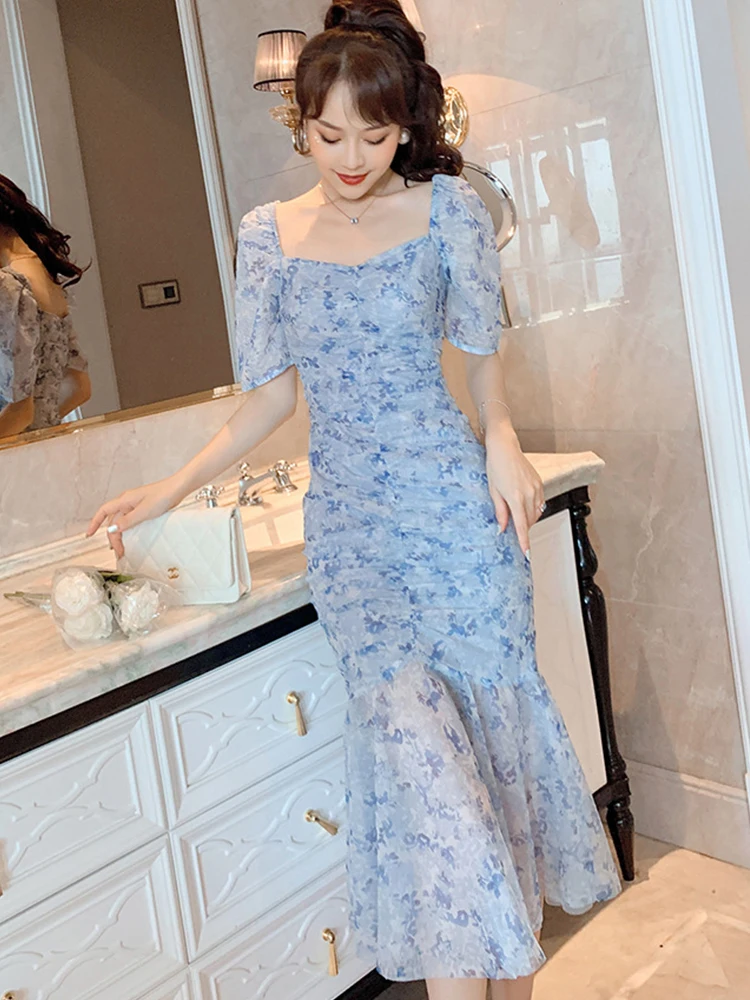 Summer Women Maxi Dress Sweet Gentle Blue Puff Short Sleeve Sheer Chiffon Pleated Bodycon Fishtail Femme Robe Holiday Vestidos