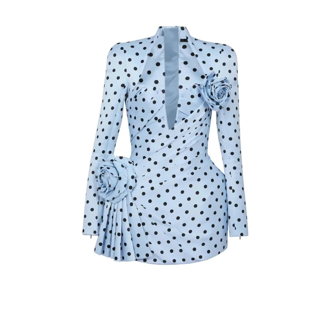 エレガントな女性のイブニングドレスディープ V ネックドット 3D フラワープリーツウエストシェイプ痩身フォーマルドレスハイエンド