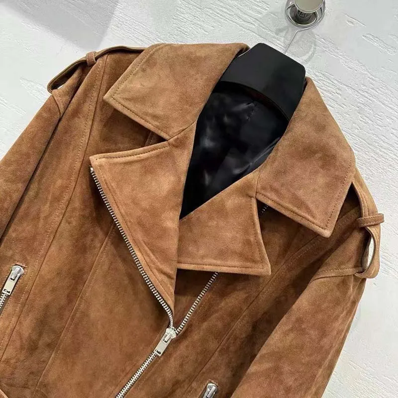 High Quality Genuine Leather Jacket Turn-Down Collar New Fashion 2024 Women Coat Spring Sheepskin Suede Short Length