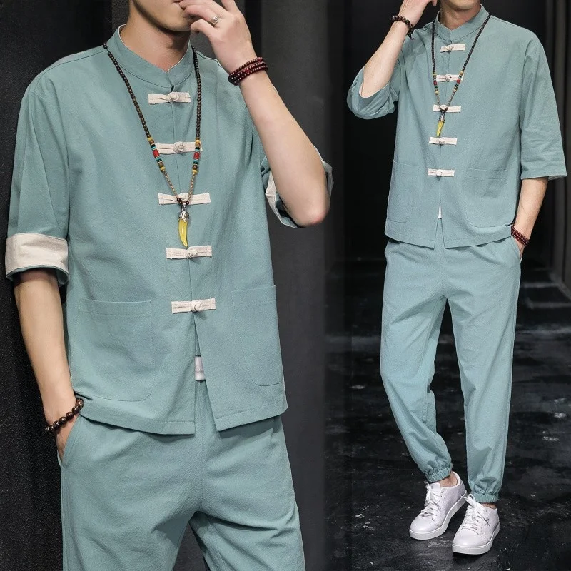 

Мужской летний комплект из хлопка и льна: традиционный костюм Ханьфу (свитер и брюки), молодежный стиль, брюки-девятки, брюки-семьки