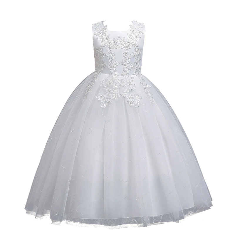 

Girl White Lace Princess Bridesmaid Dress Flower Embroidered Bow Princess Dress For Wedding Carnival Birthday Party 3-10Y