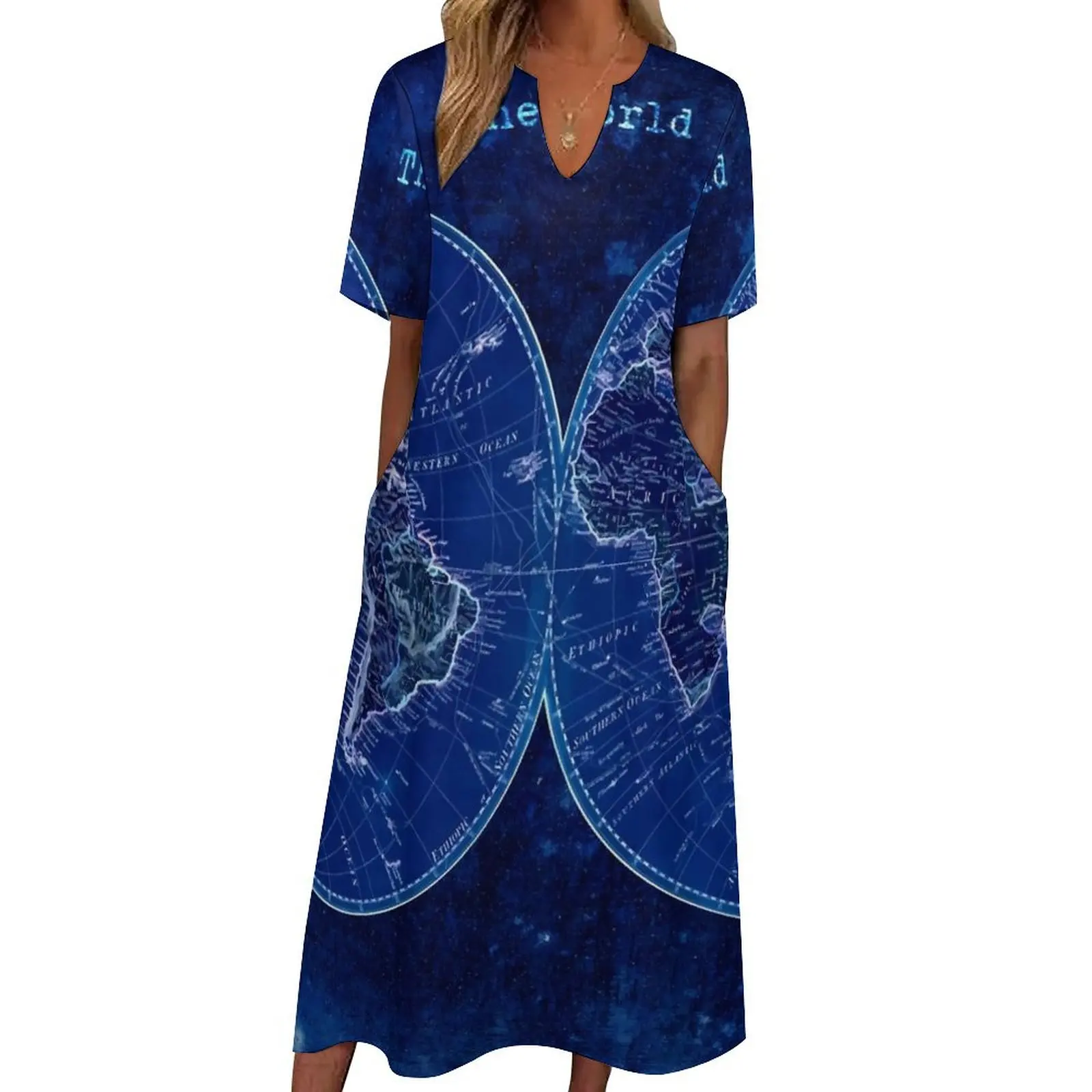 Negative World Map Dress Antique Map Kawaii Maxi Dress Korean Fashion Casual Long Dresses Women V Neck Pattern Big Size Vestidos