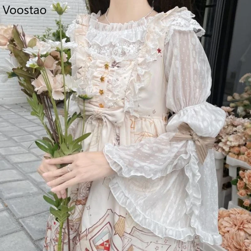 Vintage Victorian Kawaii Lolita Blouses Women Elegant Sweet Lace Ruffles Flare Sleeve Princess Shirts Female Gothic Blouse Tops