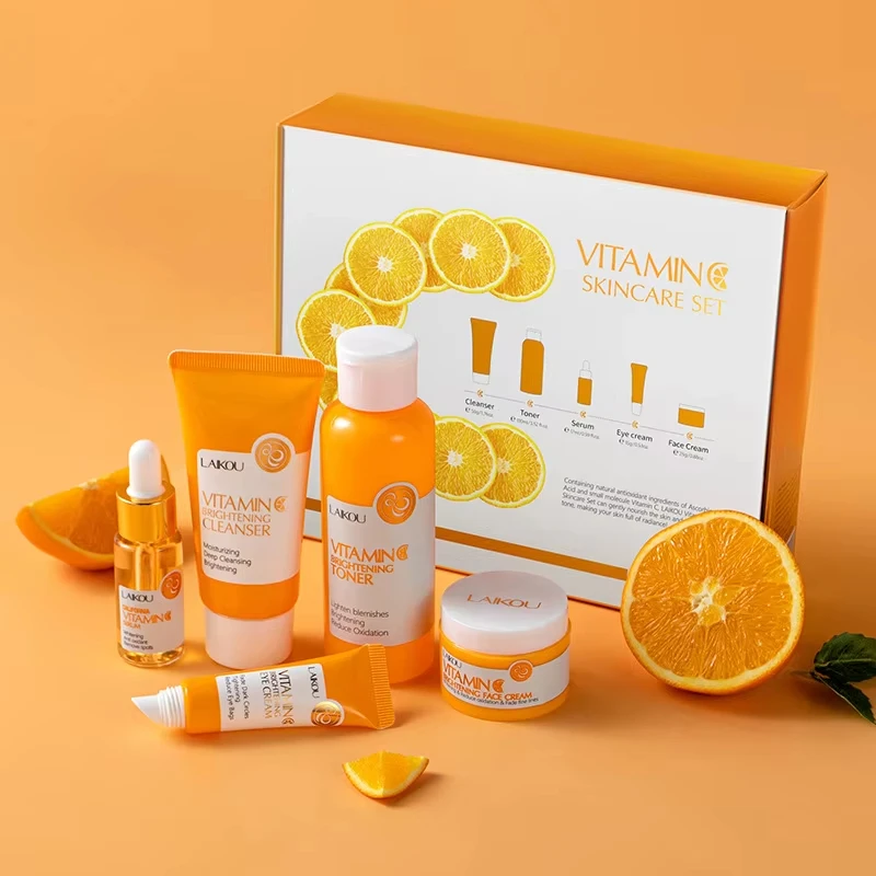 New LAIKOU Vitamin C Bright Skincare 5pcs Set Deep Cleansing Facial Cleanser Face Cream Moisturizer Toner Eye Serum Gift Box