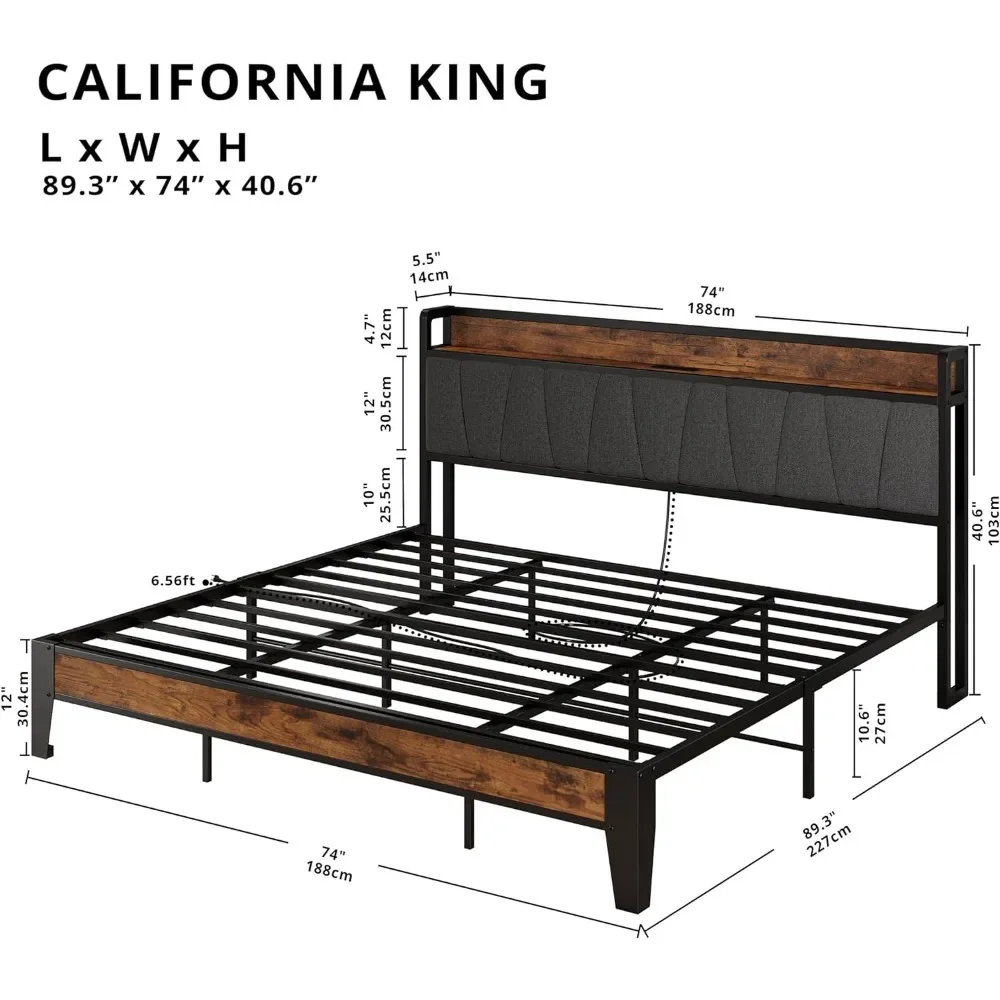 Bedroom bed California king size bed frame, storage headboard with charging station, sturdy and stable, noise free, bedroom bed