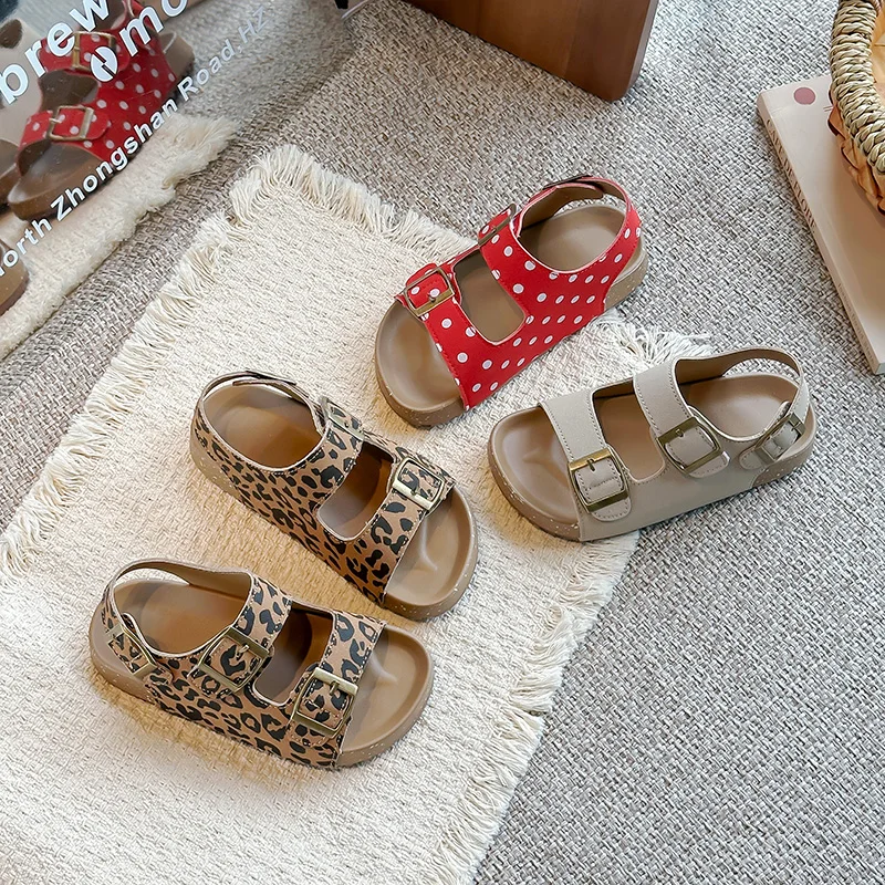Summer Children Fashion Sandals Leopard Print Outdoor Boys Girls Causal Sandals Open-toe Thick Soled Kids Beach Shoes Hook Loop