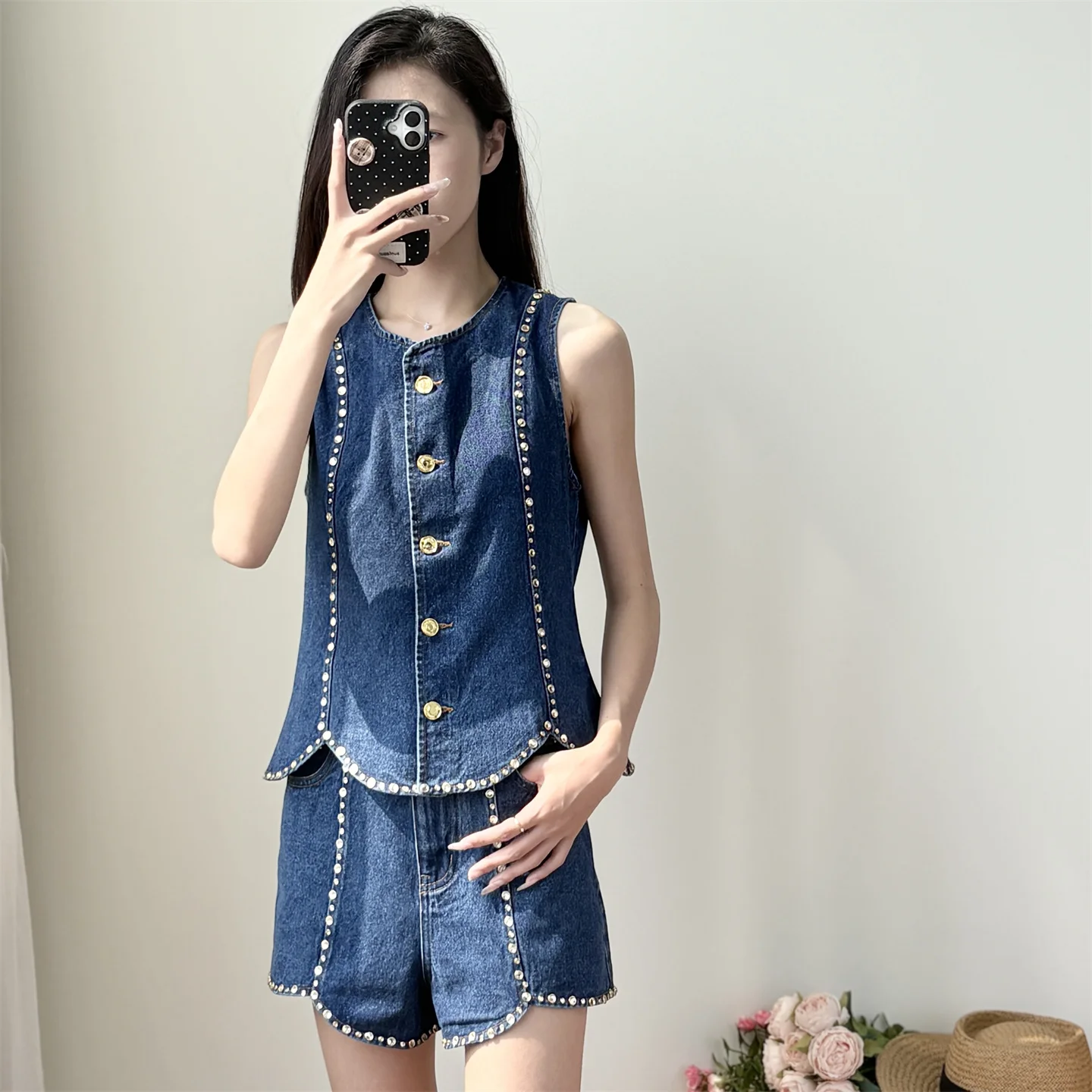 

Women's Heavy-Duty Vertical Stripe Embroidered Design Floral Blue Denim Vest + Casual Shorts Suit