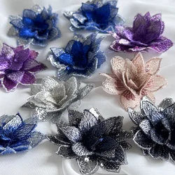 10Ps 7CM Blue 3d Small Sequin Flower Patches Embroidery Patch Military Applique Sew Clothing Wedding Evening Dress Accessory DIY