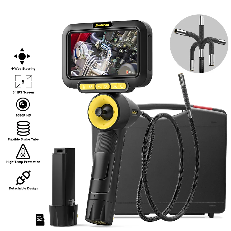 

4-Way Articulating Endoscope Joystick 360° Rotation Camera 5’’ Screen HD1080P 6.2MM Car Inspection Borescope Removable Battery