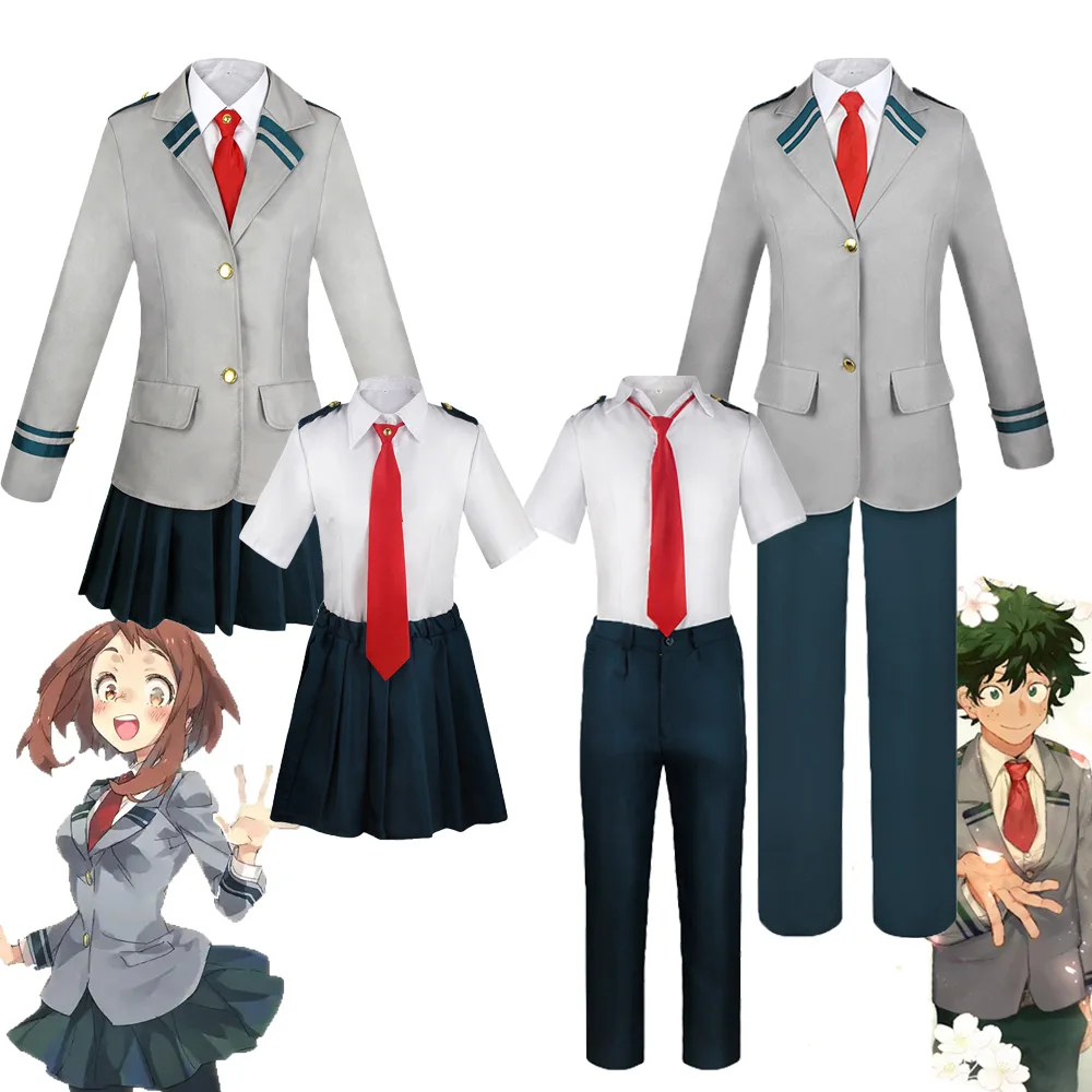 Disfraz de Anime OCHACO URARAKA, disfraz de My Her Costume deku, abrigo gris, pantalones, conjunto de corbata, uniforme escolar, fiesta de Halloween, disfraces elegantes para hombre y mujer
