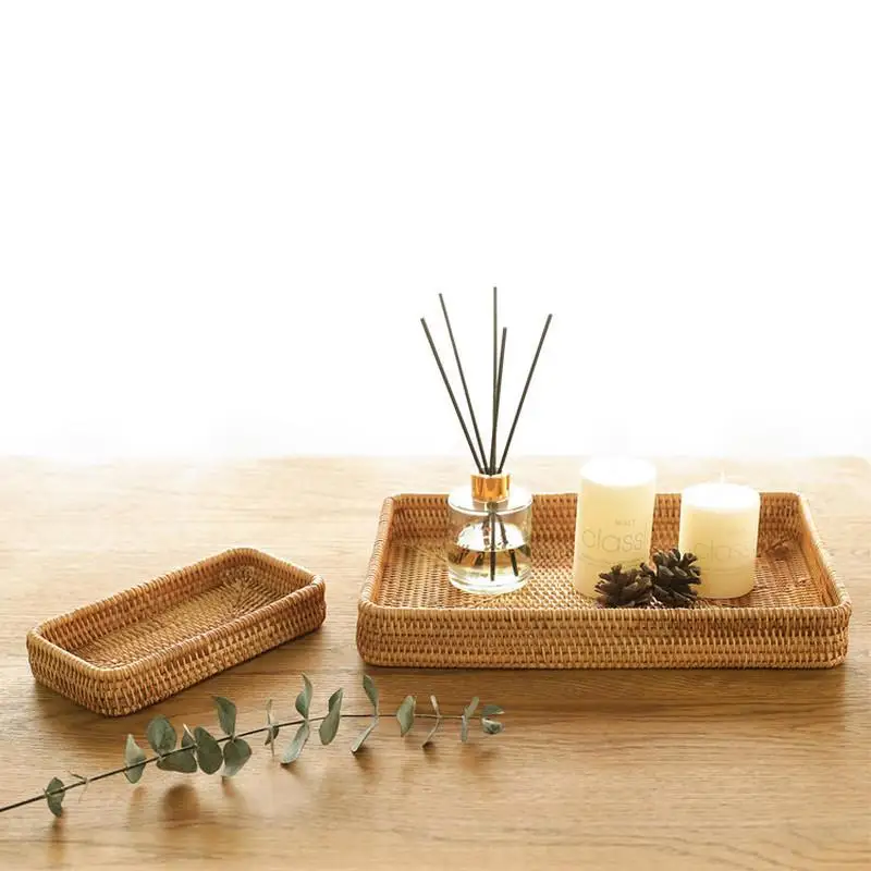 Manual Rattan Fruit Basket Rectangle Sundries Tray Home Use Snacks Bread Food Storage Handmade Desktop Box