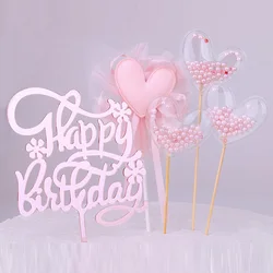 5Pcs Pink Happy Birthday Cake Topper Decoration Heart Pink Pearls Cupcake Toppers for Girls Princess Party Decorations Supplies