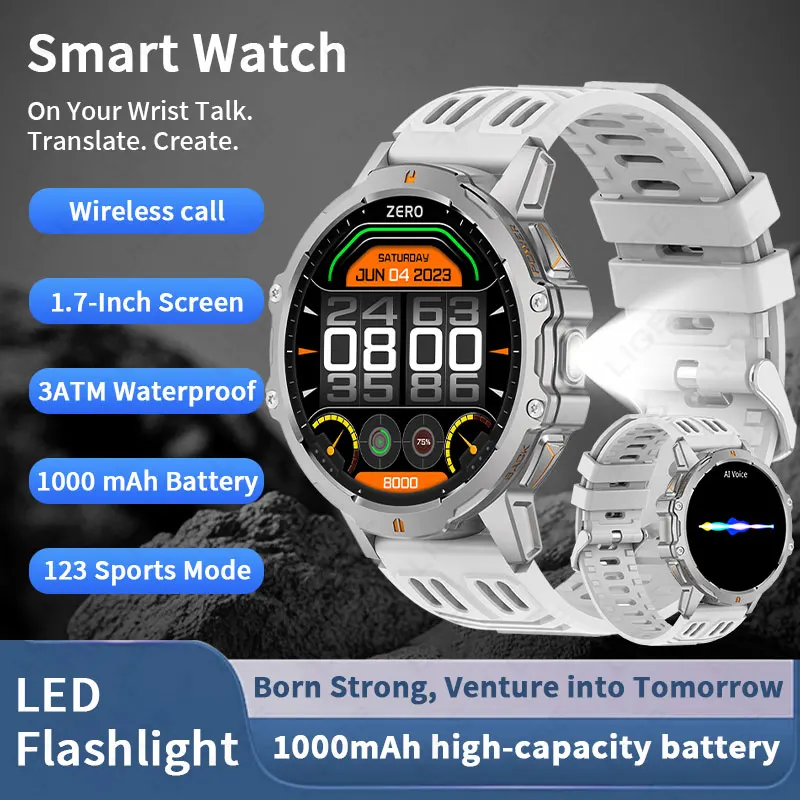 

LIGE 1000 мАч большой аккумулятор Смарт-часы Мужские светодиодные фонарики Спортивные часы на открытом воздухе 3ATM Водонепроницаемые Bluetooth-смарт-часы с вызовом 2025