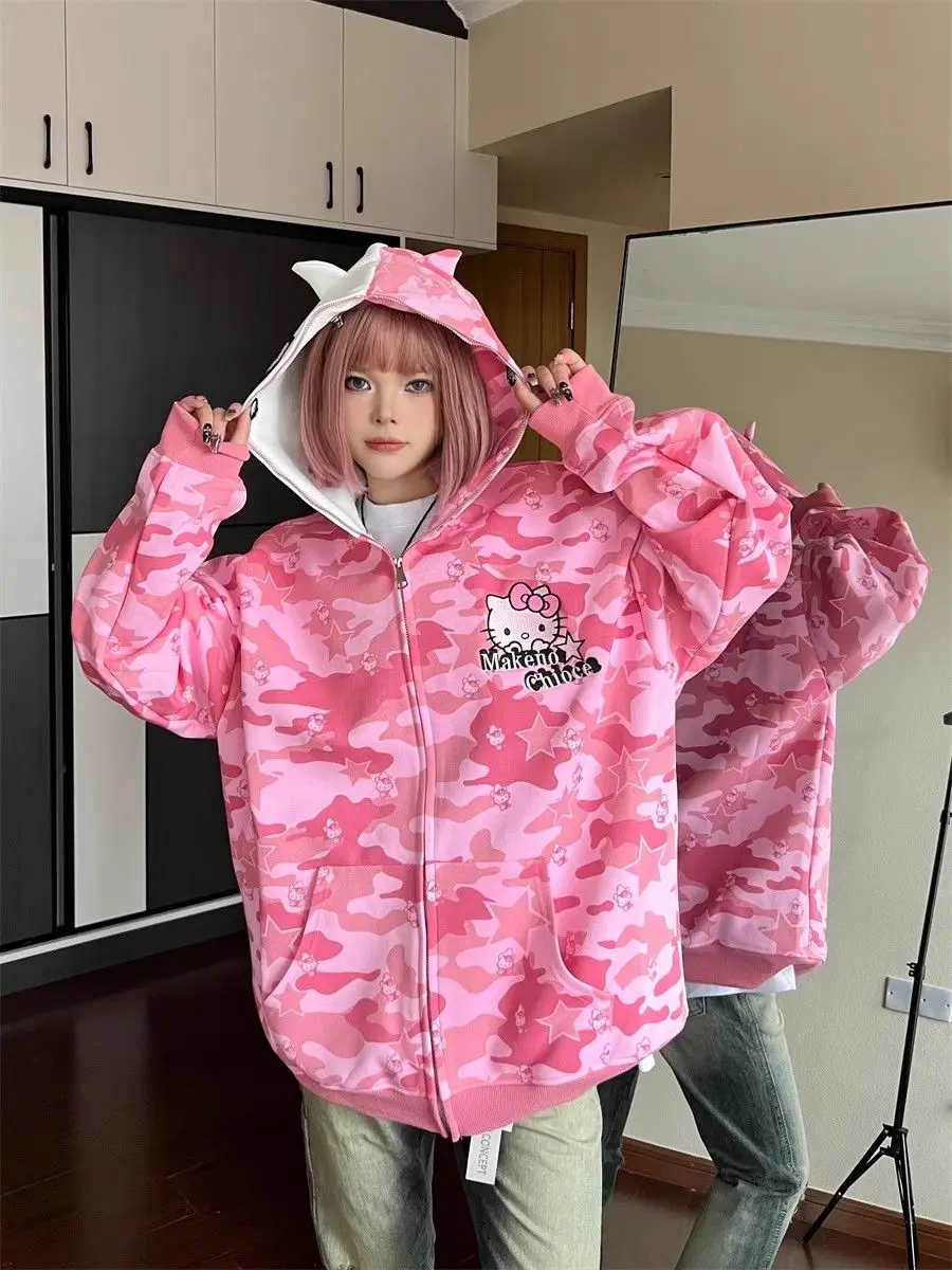 Anime Sanrio Hello Kitty Y2K Jacket Zipper Cardigan Hoodie Camouflage Blouse Sweatshirts Autumn Long Sleeve Couple Jacket Female