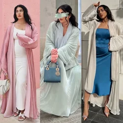Modest Open Abaya Satin Shiny Muslim Women Cardigan Long Maxi Dress Turkey Dubai Kimono Islam Arab Robe Caftan Morocco Jalabiya