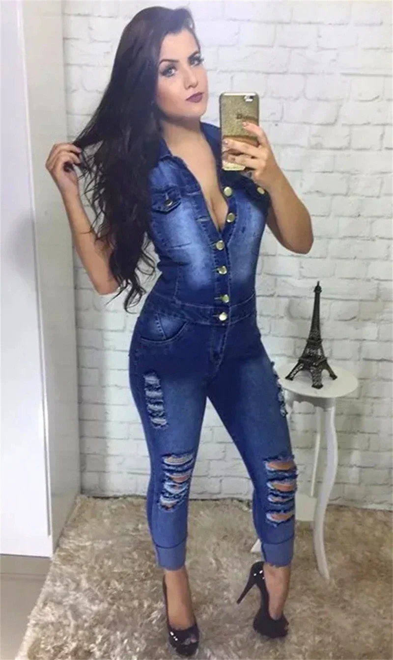 

Streetwear Ripped Jeans Jumpsuit Women Summer Clothes Women 2024 Sleeveless Catsuits Denim Rompers Playsuits One Pieces Overalls