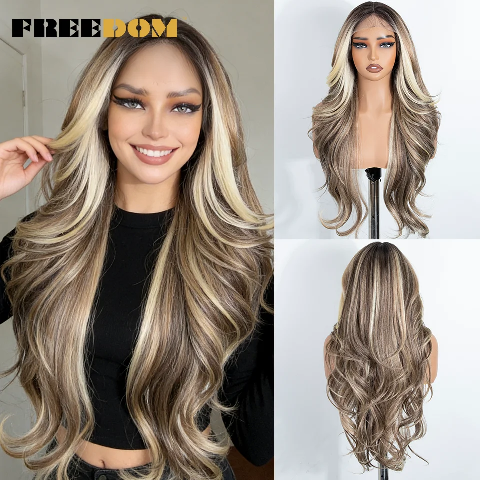 

FREEDOM Synthetic Lace Front Wigs For Women 28 Inches Long Wavy Ombre Brown Blonde Lace Wig With Bangs Layered Curl Cosplay Wigs