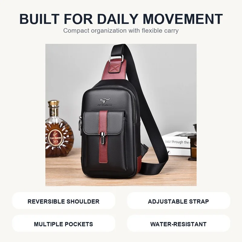 Men Leather Chest Bag Crossbody Sling Bag Casual Business Travel Shoulder Messenger Bag Black Brown