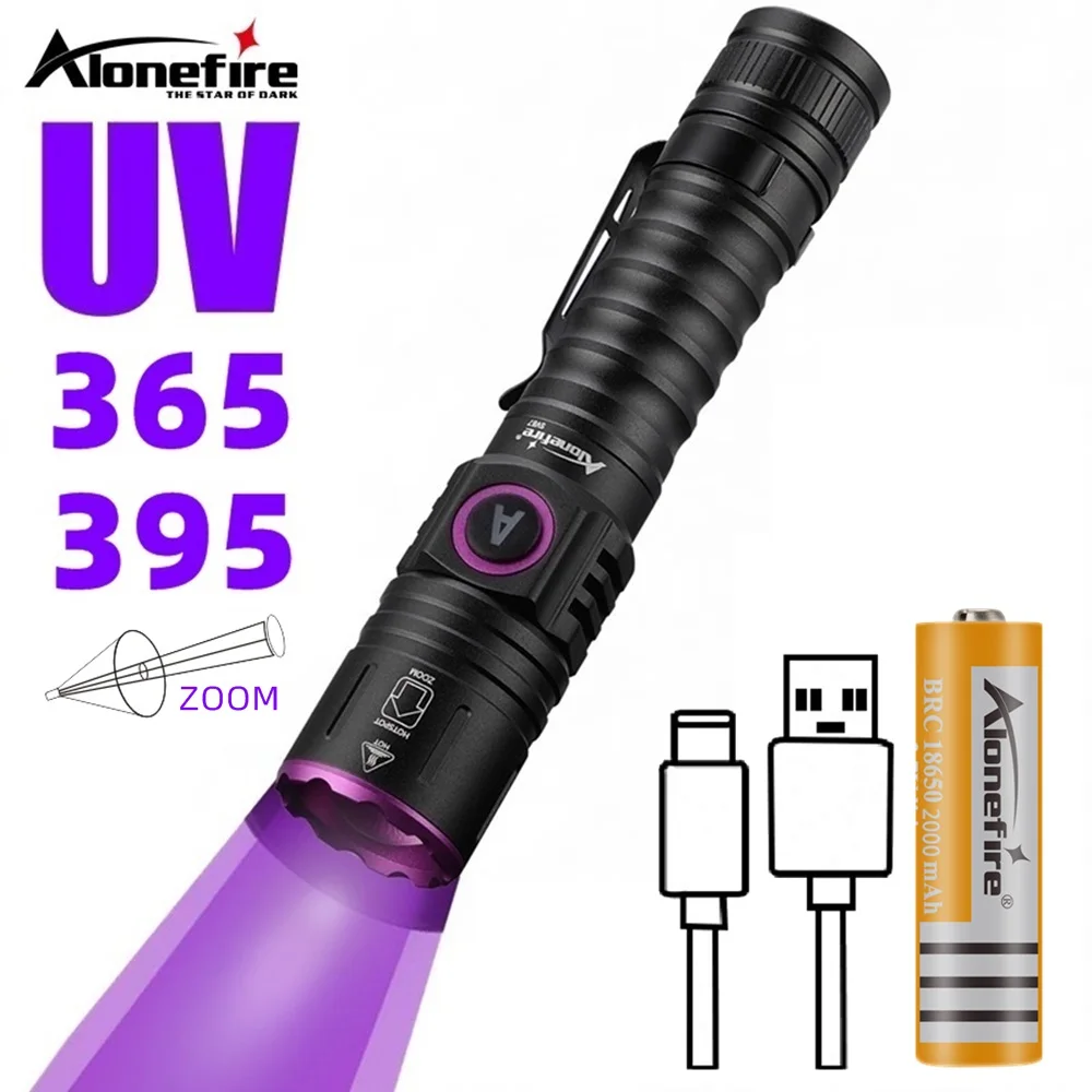 

365nm UV Flashlight Portable Ultraviolet Zoomable Violet Light Pet Urine Scorpion Detector Fluorescent Agent Detection SV87