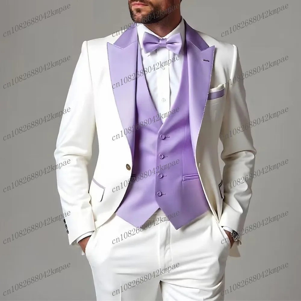 

Light Purple And White Business Formal Men Suit Groom Groomsman Wedding Party Prom Male Tuxedos 3 Piece Set Blazer Vest Pants