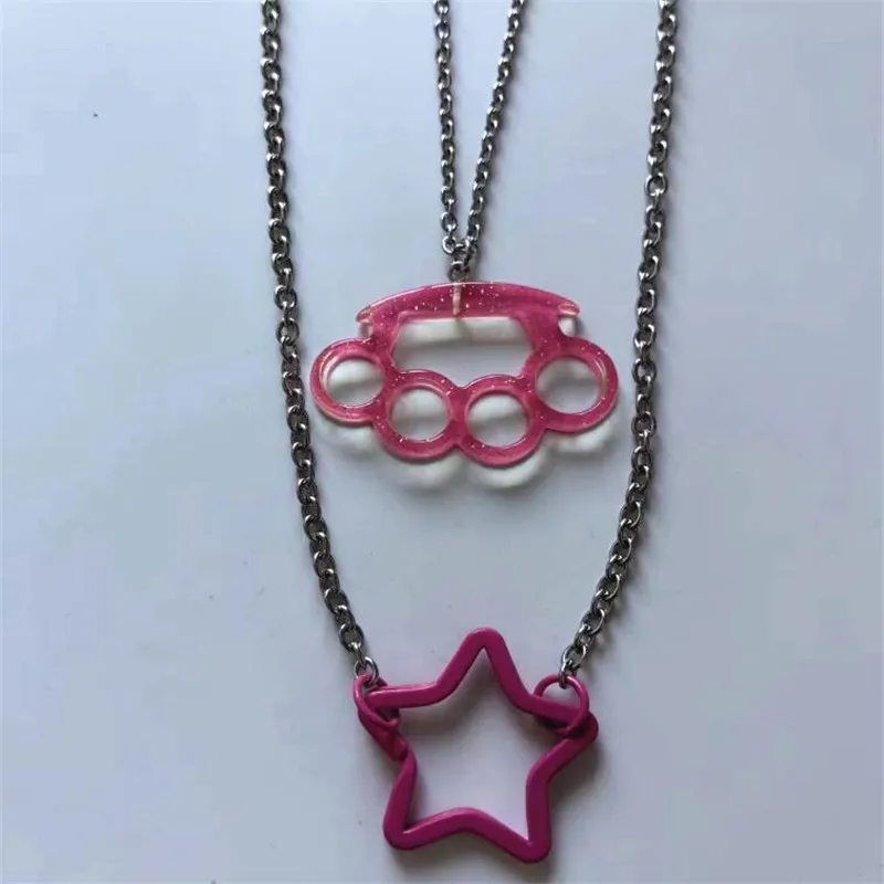 Punk Chic Hot Pink Star Necklace For Women Stainless Steel Chain Knuckle Pendant Necklaces Set Jewelry Accessories Gifts