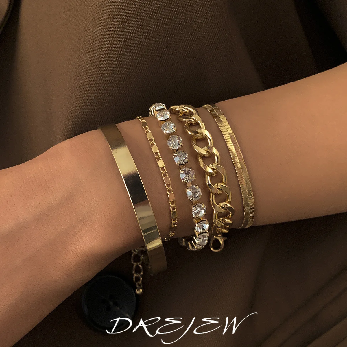 DREJEW European and American Personality Geometric Bracelets Simple Multi-element Inlaid Rhinestone Five-piece Jewelry Set