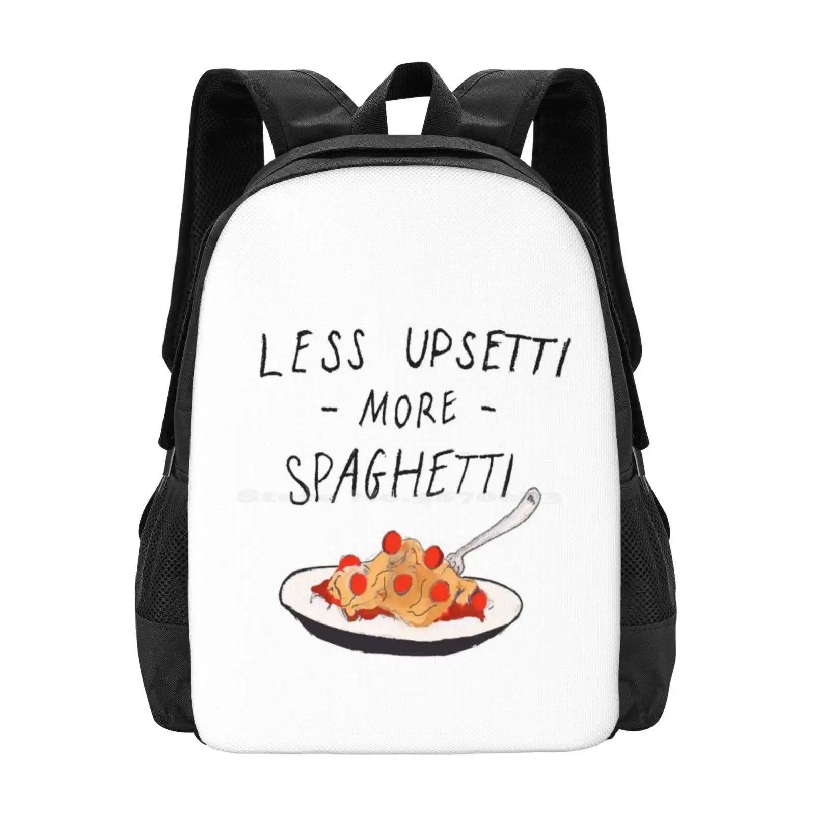 Less Upsetti More Spaghetti Pattern Design Bagpack School Bags Food Tumblr Internet Quote Humour Funny Less Upsetti More