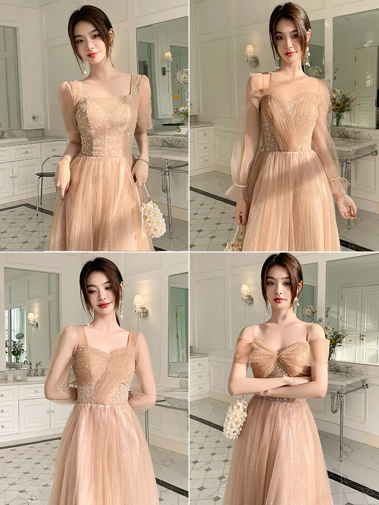 Champagne Lace Bridesmaid Dress Women's New Summer Long Sleeve Fairy Wedding Sisters Group Dresses Pearl Decor Evening Dress