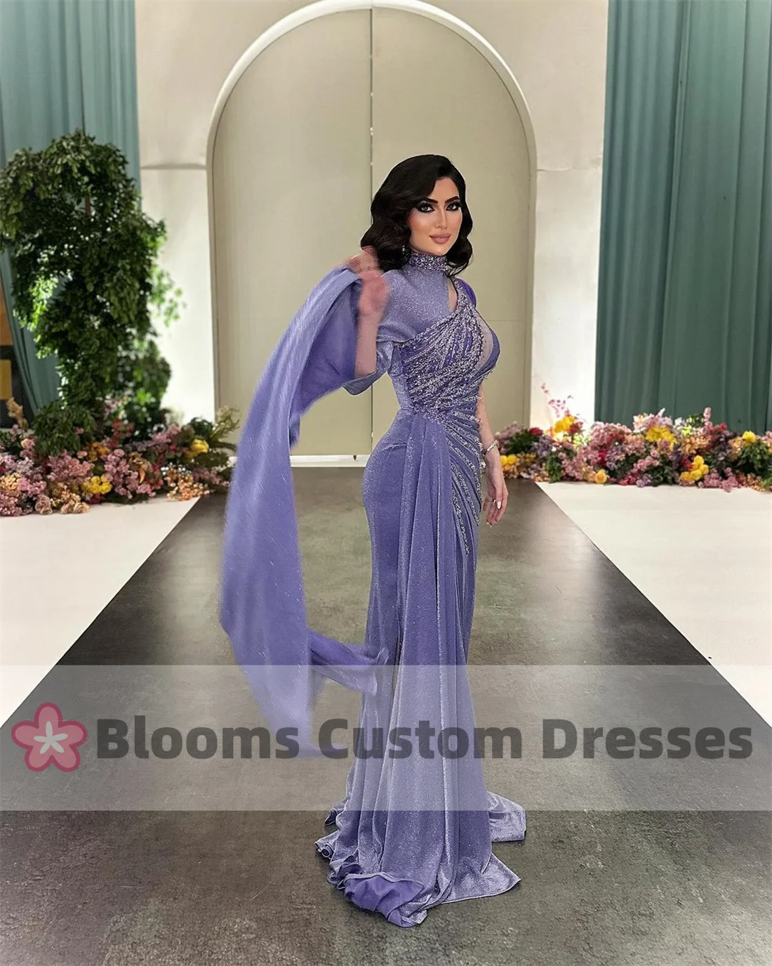 Blooms Silver Beads Purple Saudi Luxury Evening Dresses For Special Occasion Shiny Mermaid Party Dress Cape Sleeve Prom Gown